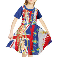Hawaiian Sea Turtles and Plumeria Kid Short Sleeve Dress with Lei and Flag Grunge Style LT03 - Polynesian Pride