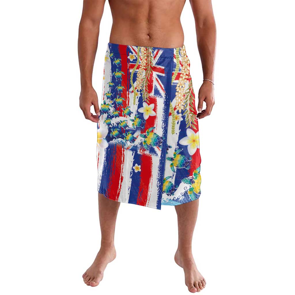 Hawaiian Sea Turtles and Plumeria Lavalava with Lei and Flag Grunge Style