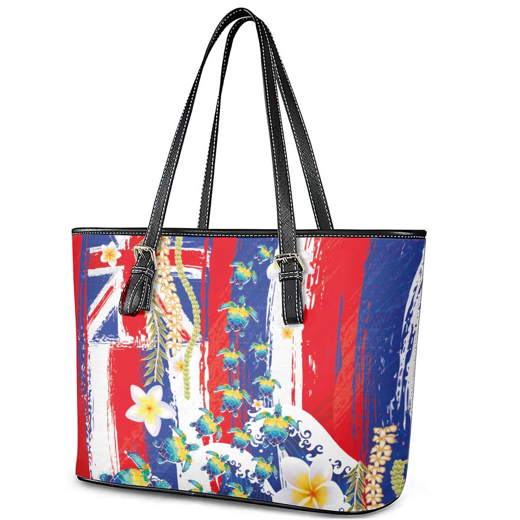 Hawaiian Sea Turtles and Plumeria Leather Tote Bag with Lei and Flag Grunge Style LT03 - Polynesian Pride