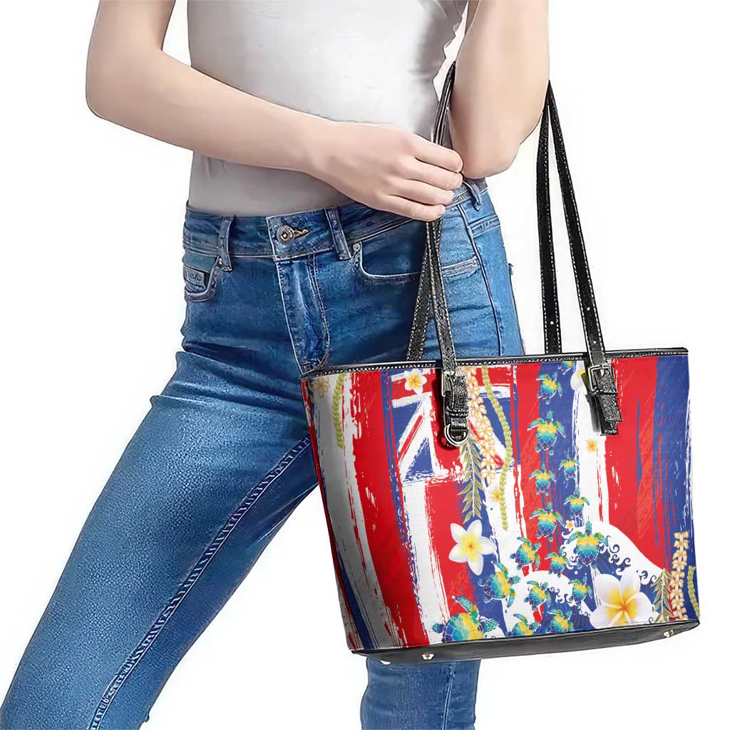 Hawaiian Sea Turtles and Plumeria Leather Tote Bag with Lei and Flag Grunge Style LT03 - Polynesian Pride