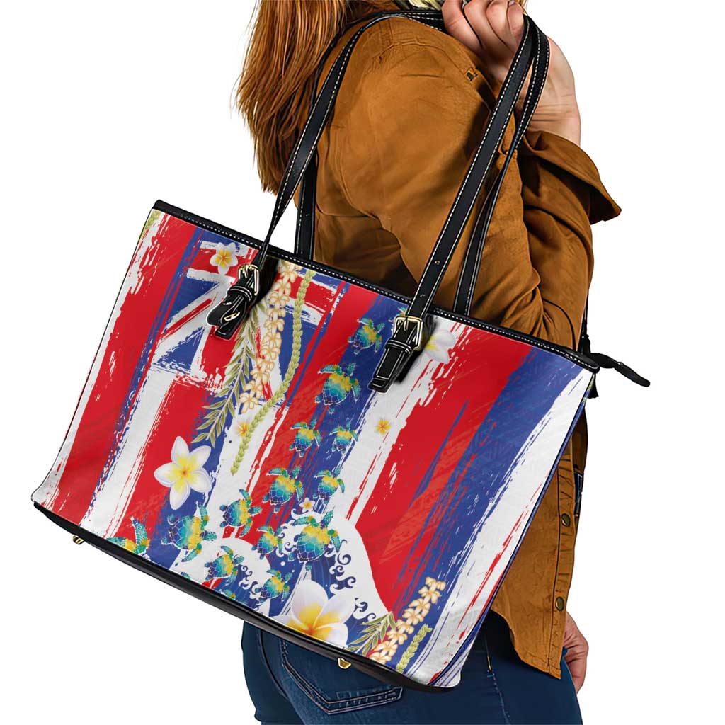 Hawaiian Sea Turtles and Plumeria Leather Tote Bag with Lei and Flag Grunge Style LT03 - Polynesian Pride