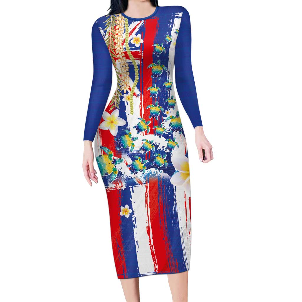 Hawaiian Sea Turtles and Plumeria Long Sleeve Bodycon Dress with Lei and Flag Grunge Style LT03 Long Dress Multicolor - Polynesian Pride