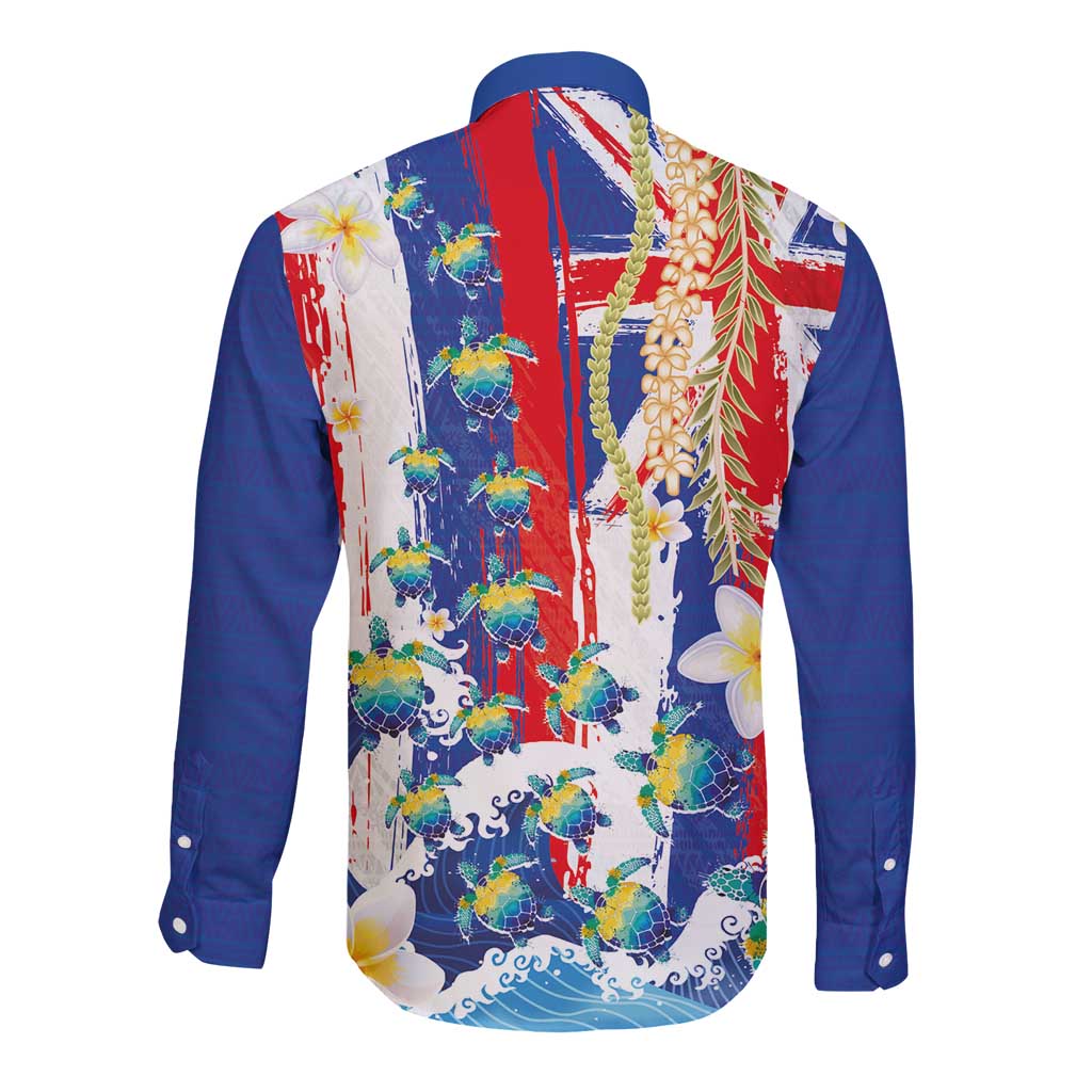 Hawaiian Sea Turtles and Plumeria Long Sleeve Button Shirt with Lei and Flag Grunge Style LT03 - Polynesian Pride