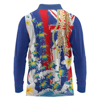 Hawaiian Sea Turtles and Plumeria Long Sleeve Polo Shirt with Lei and Flag Grunge Style LT03 - Polynesian Pride