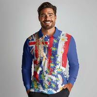 Hawaiian Sea Turtles and Plumeria Long Sleeve Polo Shirt with Lei and Flag Grunge Style LT03 - Polynesian Pride