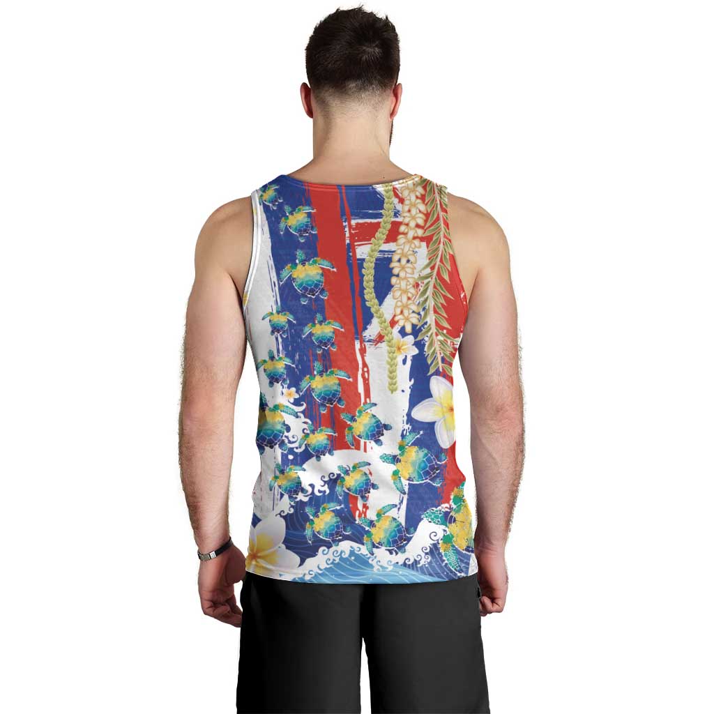 Hawaiian Sea Turtles and Plumeria Men Tank Top with Lei and Flag Grunge Style LT03 - Polynesian Pride