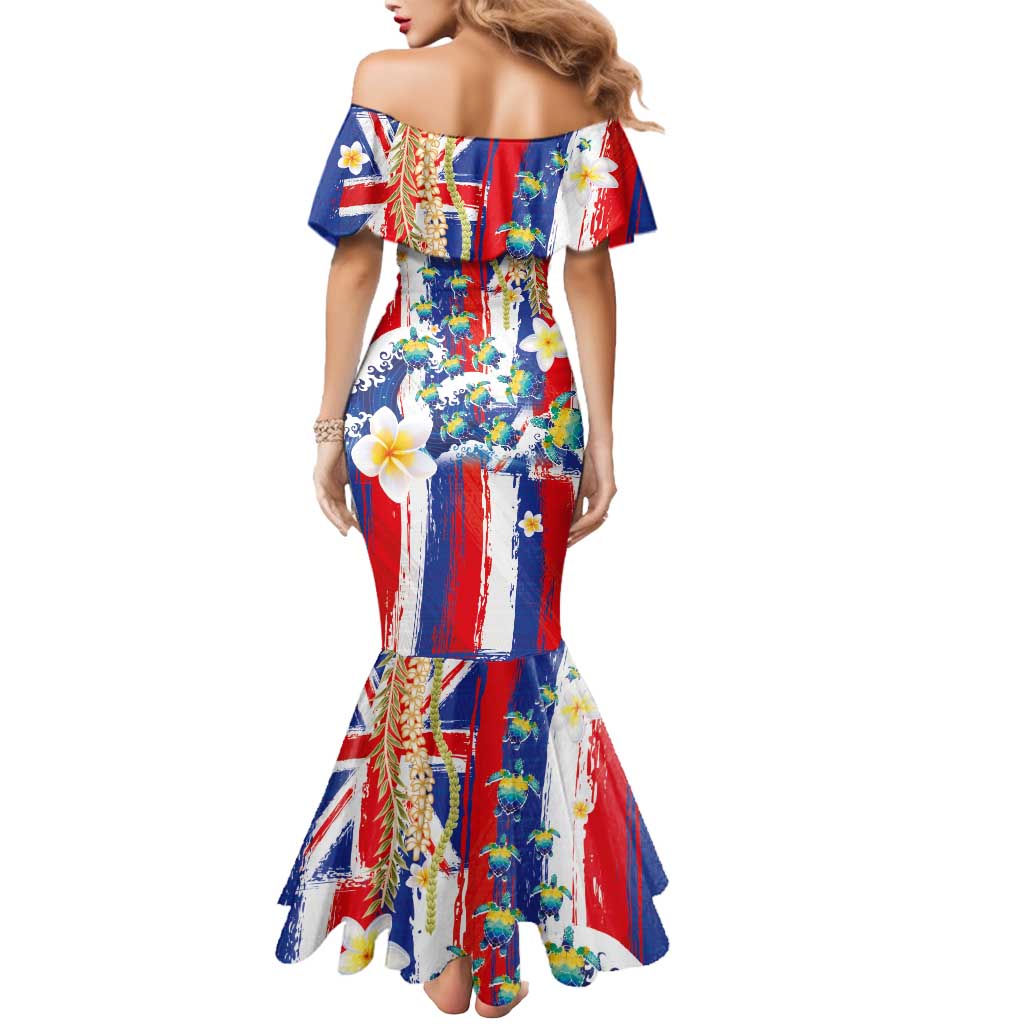 Hawaiian Sea Turtles and Plumeria Mermaid Dress with Lei and Flag Grunge Style LT03 - Polynesian Pride
