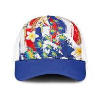Hawaiian Sea Turtles and Plumeria Mesh Trucker Cap with Lei and Flag Grunge Style