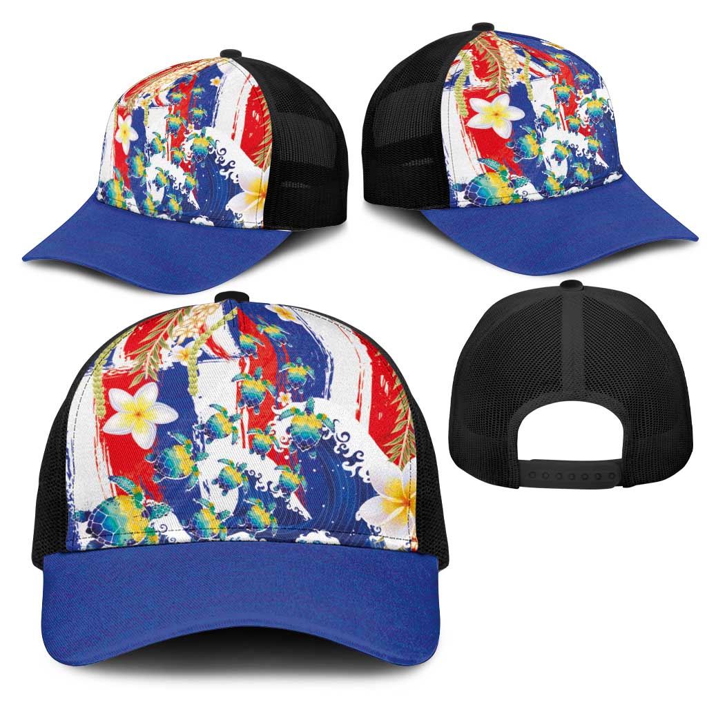 Hawaiian Sea Turtles and Plumeria Mesh Trucker Cap with Lei and Flag Grunge Style
