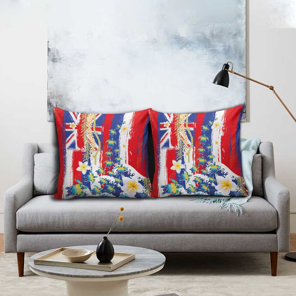 Hawaiian Sea Turtles and Plumeria Pillow Cover with Lei and Flag Grunge Style LT03 - Polynesian Pride