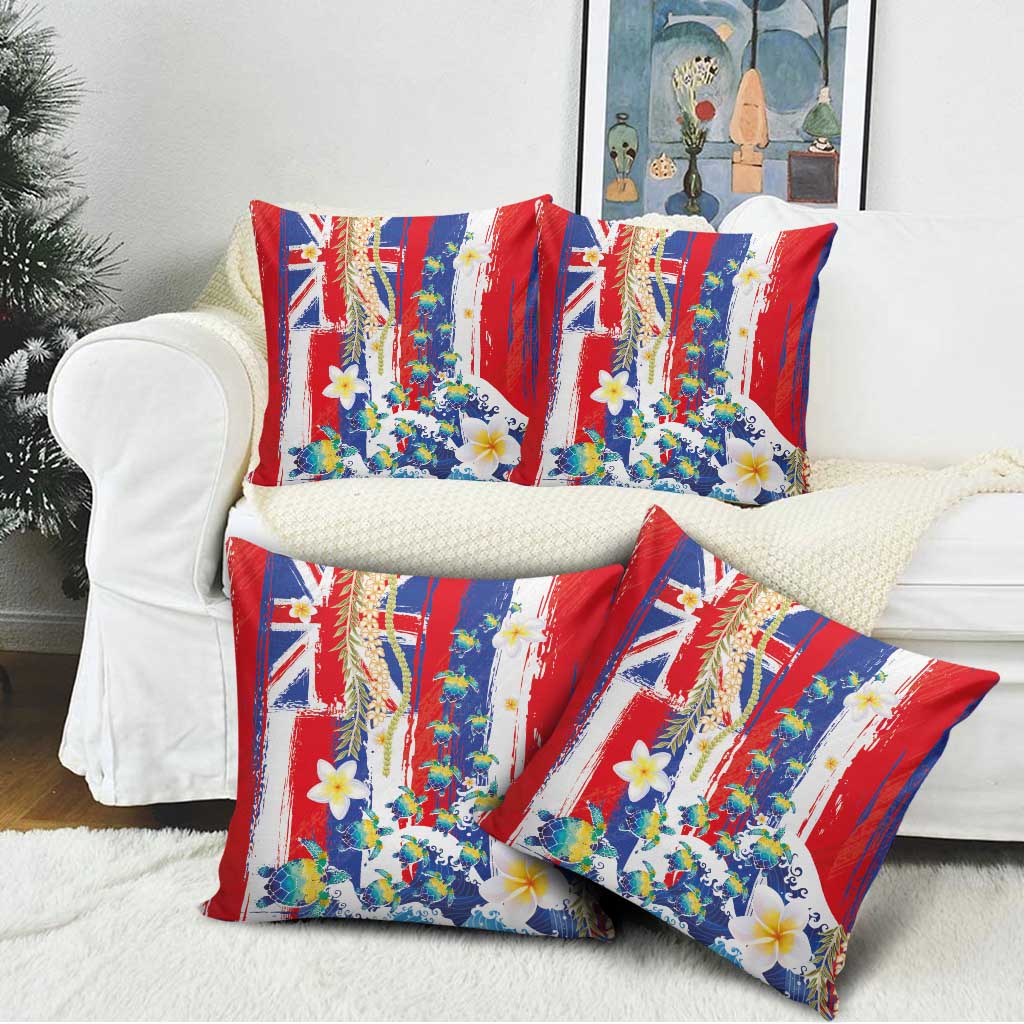 Hawaiian Sea Turtles and Plumeria Pillow Cover with Lei and Flag Grunge Style LT03 - Polynesian Pride