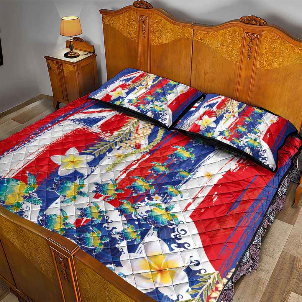 Hawaiian Sea Turtles and Plumeria Quilt Bed Set with Lei and Flag Grunge Style