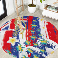 Hawaiian Sea Turtles and Plumeria Round Carpet with Lei and Flag Grunge Style