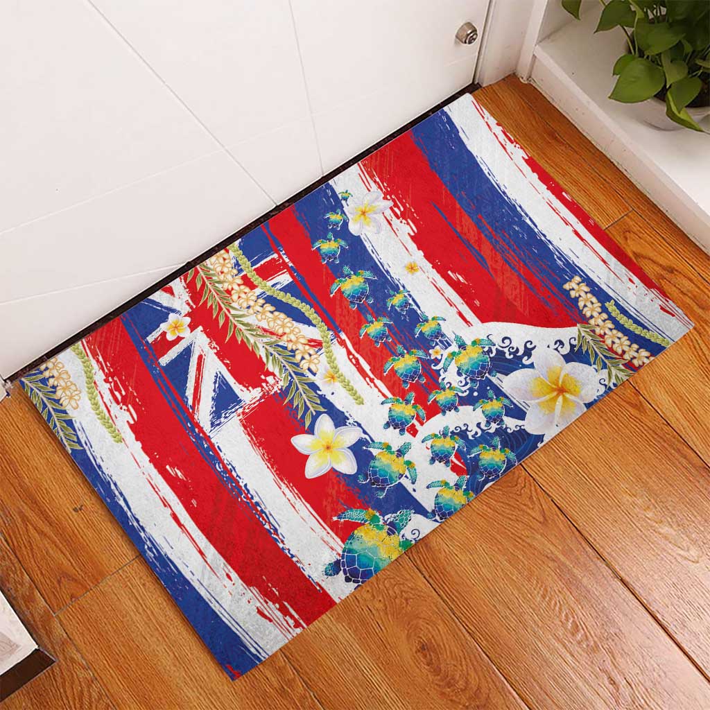 Hawaiian Sea Turtles and Plumeria Rubber Doormat with Lei and Flag Grunge Style