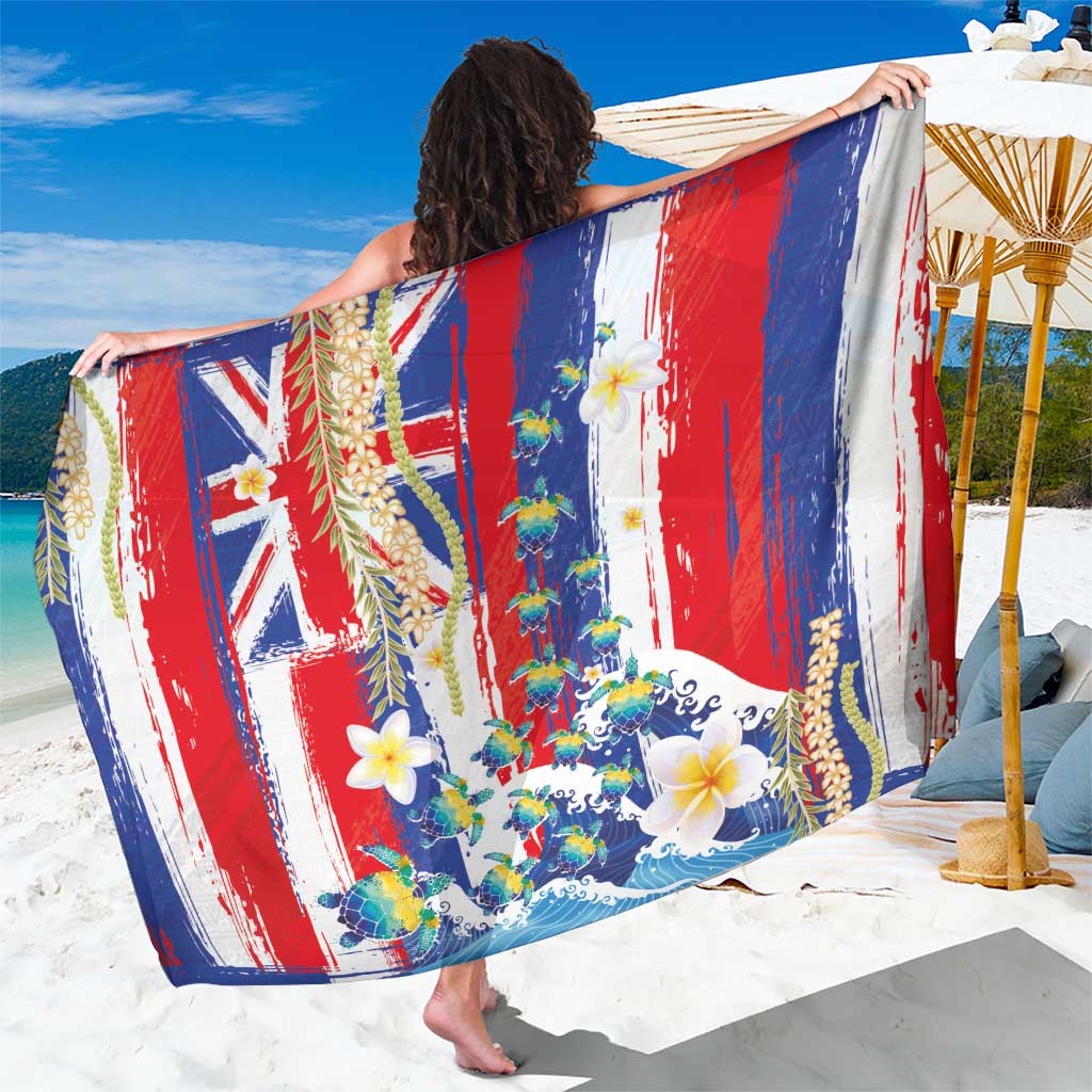 Hawaiian Sea Turtles and Plumeria Sarong with Lei and Flag Grunge Style