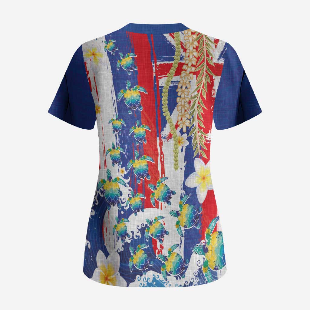 Hawaiian Sea Turtles and Plumeria Scrub Top with Lei and Flag Grunge Style