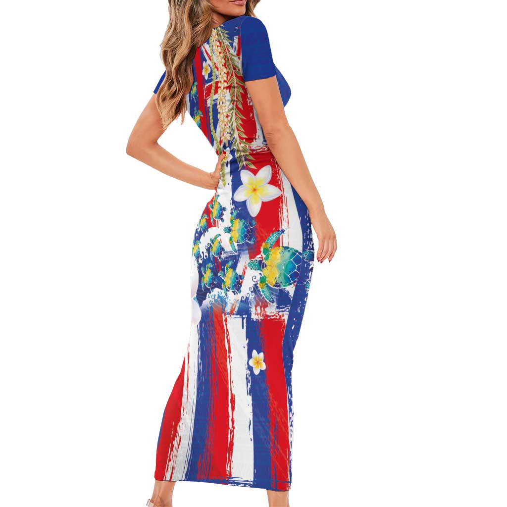 Hawaiian Sea Turtles and Plumeria Short Sleeve Bodycon Dress with Lei and Flag Grunge Style LT03 - Polynesian Pride