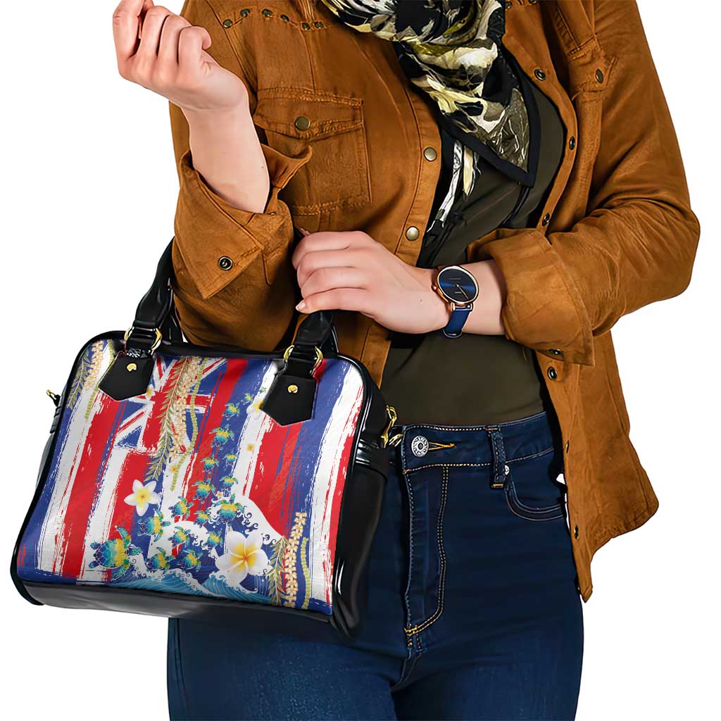 Hawaiian Sea Turtles and Plumeria Shoulder Handbag with Lei and Flag Grunge Style