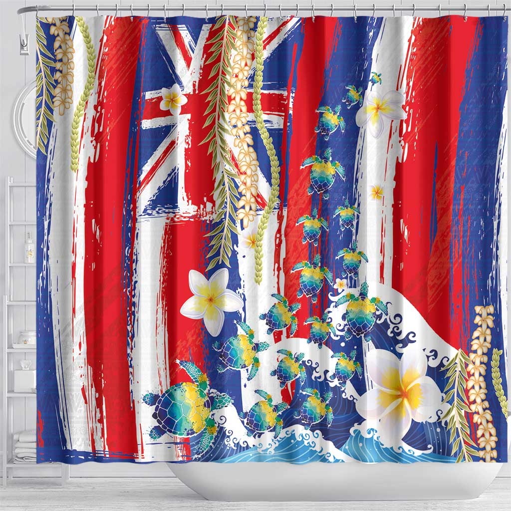 Hawaiian Sea Turtles and Plumeria Shower Curtain with Lei and Flag Grunge Style LT03 - Polynesian Pride