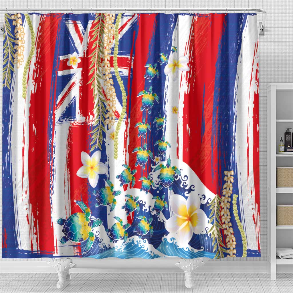 Hawaiian Sea Turtles and Plumeria Shower Curtain with Lei and Flag Grunge Style LT03 - Polynesian Pride