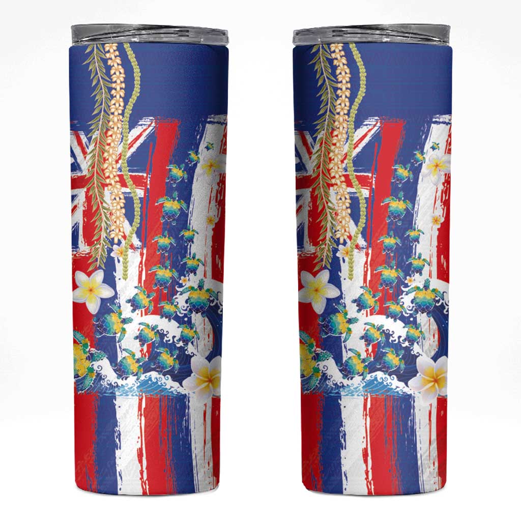 Hawaiian Sea Turtles and Plumeria Skinny Tumbler with Lei and Flag Grunge Style