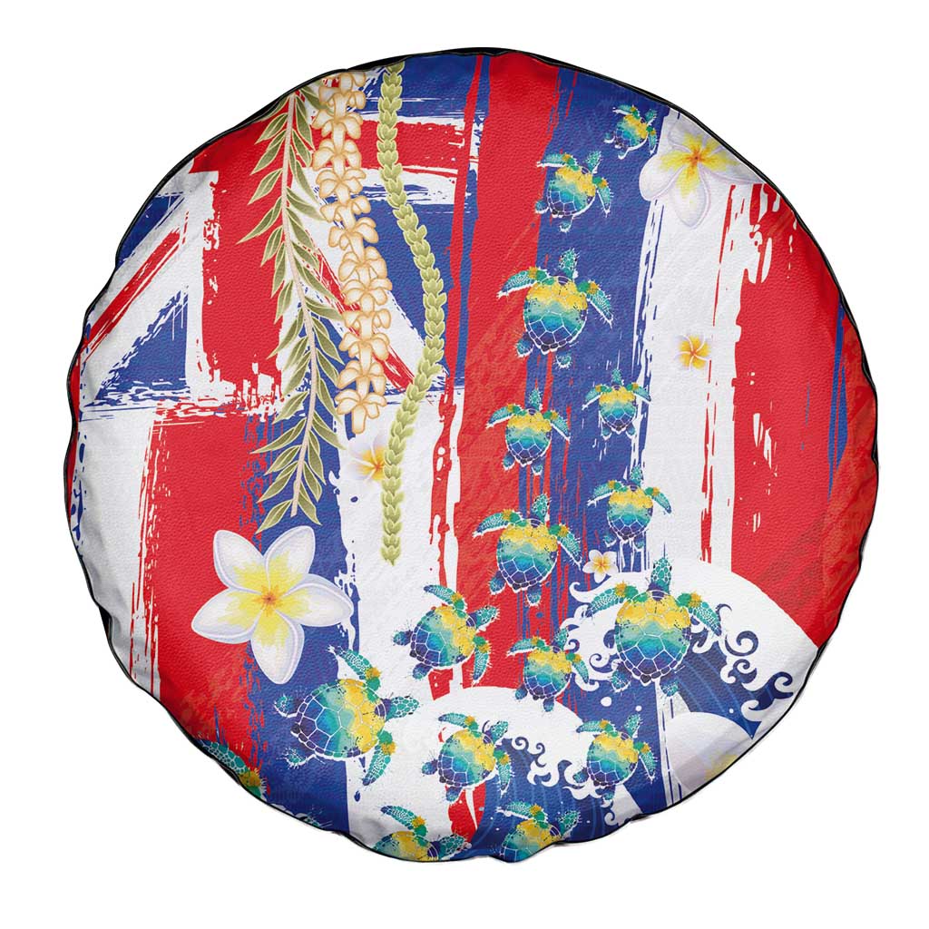 Hawaiian Sea Turtles and Plumeria Spare Tire Cover with Lei and Flag Grunge Style LT03 - Polynesian Pride