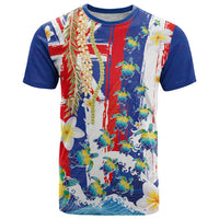 Hawaiian Sea Turtles and Plumeria T Shirt with Lei and Flag Grunge Style LT03 Multicolor - Polynesian Pride