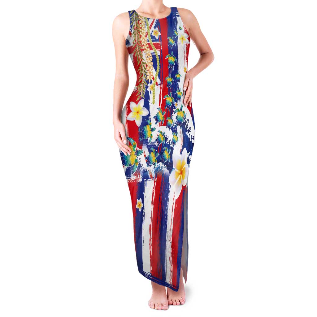 Hawaiian Sea Turtles and Plumeria Tank Maxi Dress with Lei and Flag Grunge Style