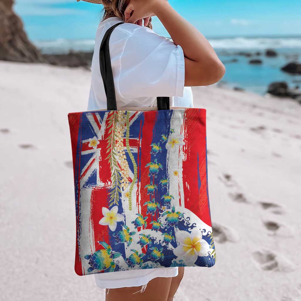 Hawaiian Sea Turtles and Plumeria Tote Bag with Lei and Flag Grunge Style LT03 - Polynesian Pride