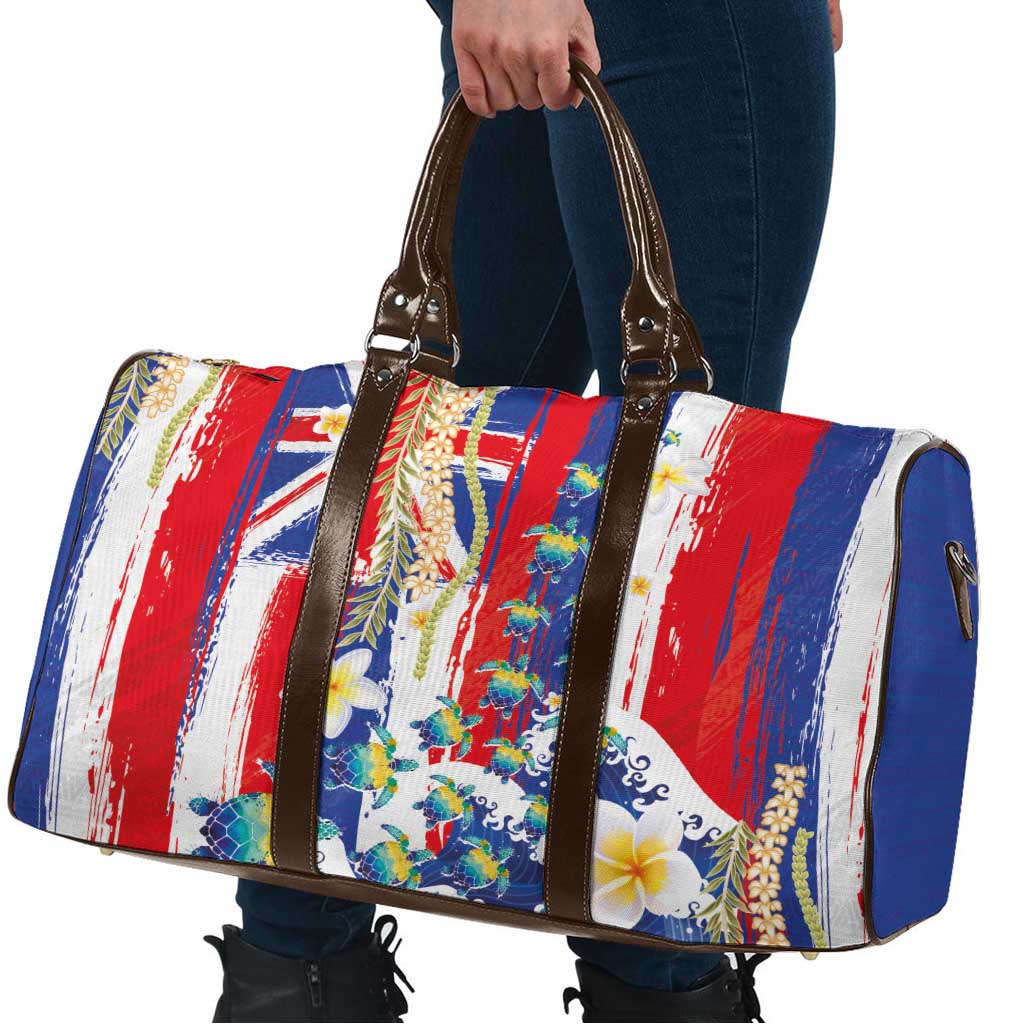 Hawaiian Sea Turtles and Plumeria Travel Bag with Lei and Flag Grunge Style LT03 - Polynesian Pride