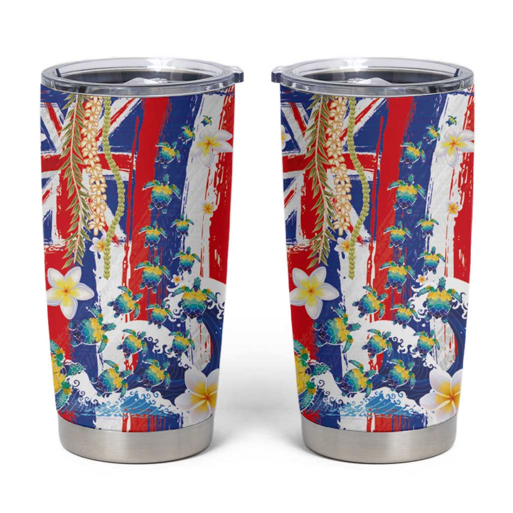 Hawaiian Sea Turtles and Plumeria Tumbler Cup with Lei and Flag Grunge Style LT03 Multicolor - Polynesian Pride