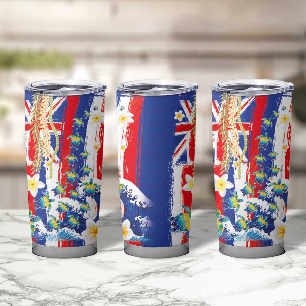 Hawaiian Sea Turtles and Plumeria Tumbler Cup with Lei and Flag Grunge Style LT03 - Polynesian Pride