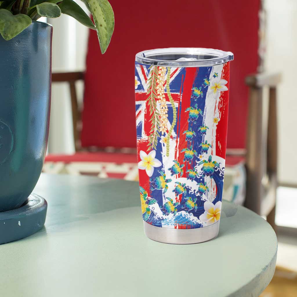 Hawaiian Sea Turtles and Plumeria Tumbler Cup with Lei and Flag Grunge Style LT03 - Polynesian Pride