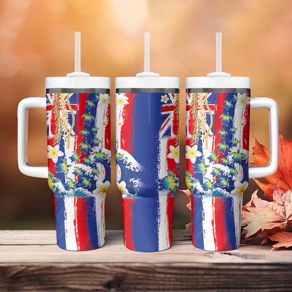 Hawaiian Sea Turtles and Plumeria Tumbler With Handle with Lei and Flag Grunge Style LT03 - Polynesian Pride