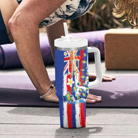 Hawaiian Sea Turtles and Plumeria Tumbler With Handle with Lei and Flag Grunge Style LT03 - Polynesian Pride
