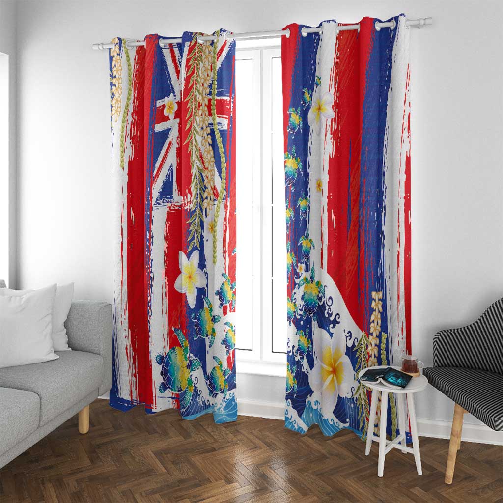 Hawaiian Sea Turtles and Plumeria Window Curtain with Lei and Flag Grunge Style