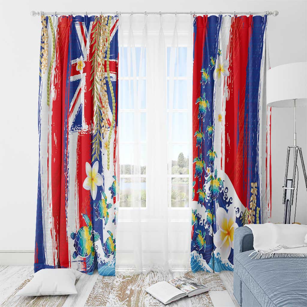 Hawaiian Sea Turtles and Plumeria Window Curtain with Lei and Flag Grunge Style