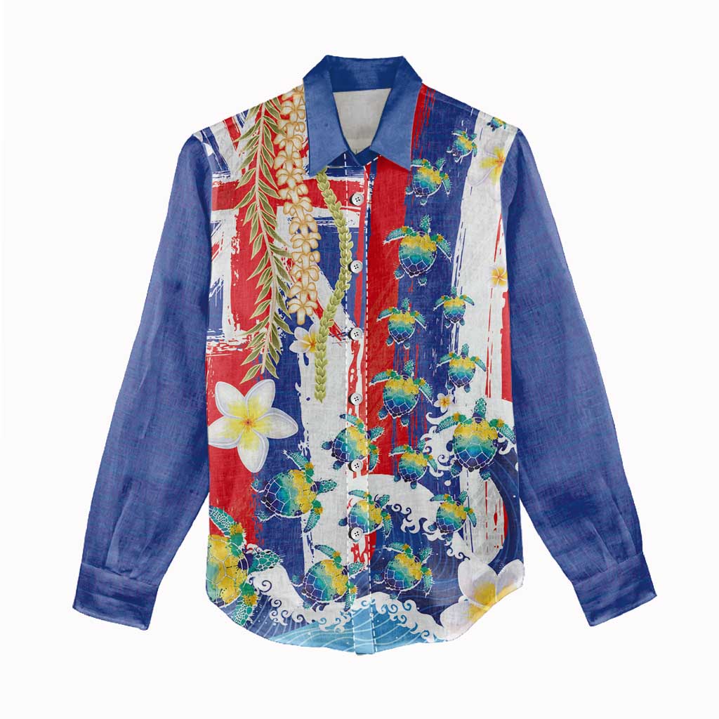 Hawaiian Sea Turtles and Plumeria Women Casual Shirt with Lei and Flag Grunge Style LT03 - Polynesian Pride