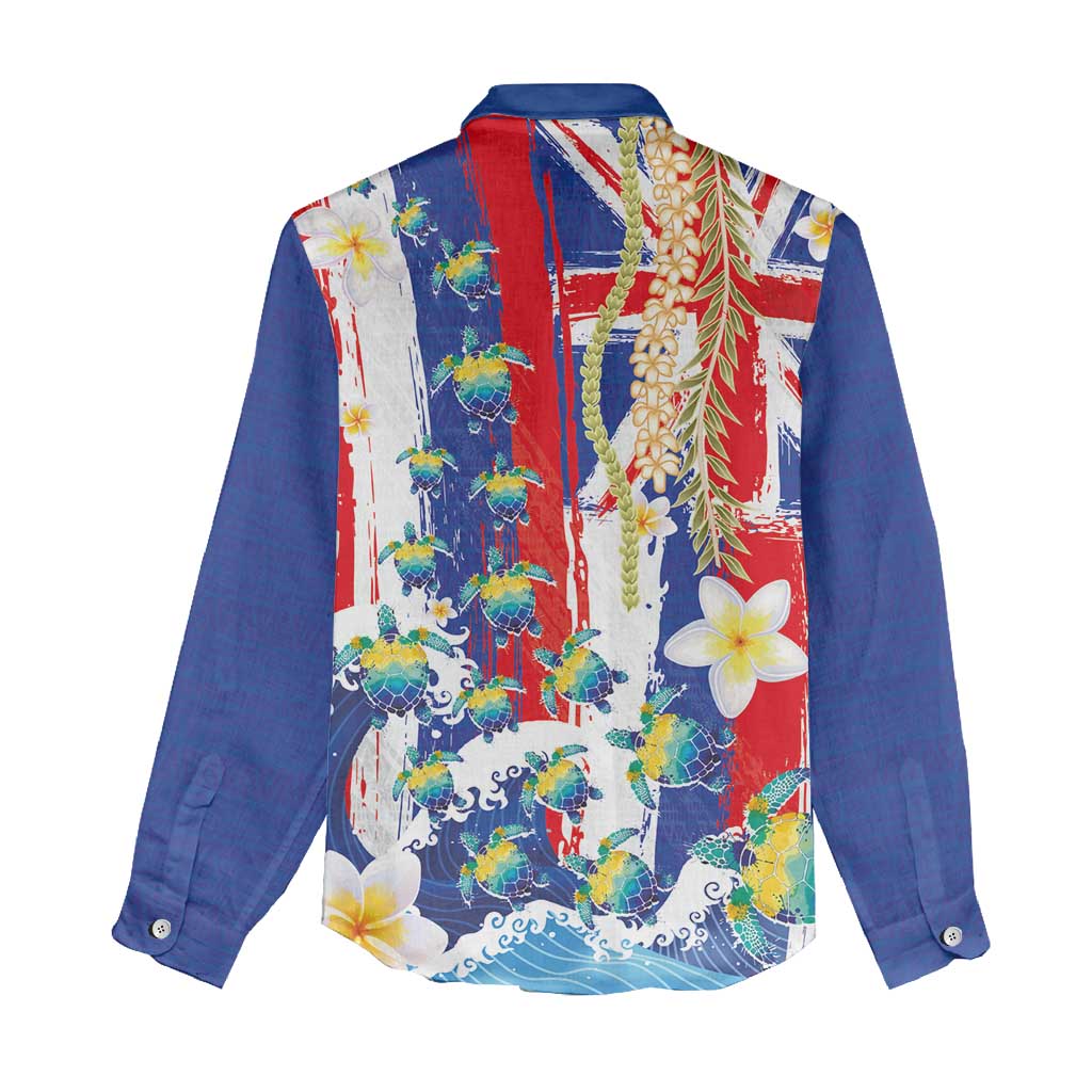 Hawaiian Sea Turtles and Plumeria Women Casual Shirt with Lei and Flag Grunge Style LT03 - Polynesian Pride