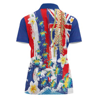 Hawaiian Sea Turtles and Plumeria Women Polo Shirt with Lei and Flag Grunge Style LT03 - Polynesian Pride