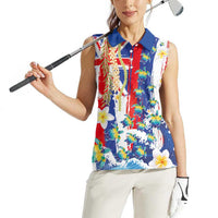 Hawaiian Sea Turtles and Plumeria Women Sleeveless Polo Shirt with Lei and Flag Grunge Style LT03 - Polynesian Pride