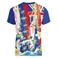 Hawaiian Sea Turtles and Plumeria Women V-Neck T-Shirt with Lei and Flag Grunge Style LT03 - Polynesian Pride