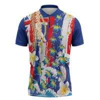 Hawaiian Sea Turtles and Plumeria Zipper Polo Shirt with Lei and Flag Grunge Style LT03 Multicolor - Polynesian Pride