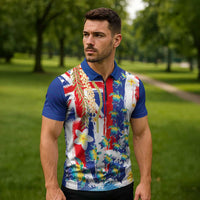 Hawaiian Sea Turtles and Plumeria Zipper Polo Shirt with Lei and Flag Grunge Style LT03 - Polynesian Pride