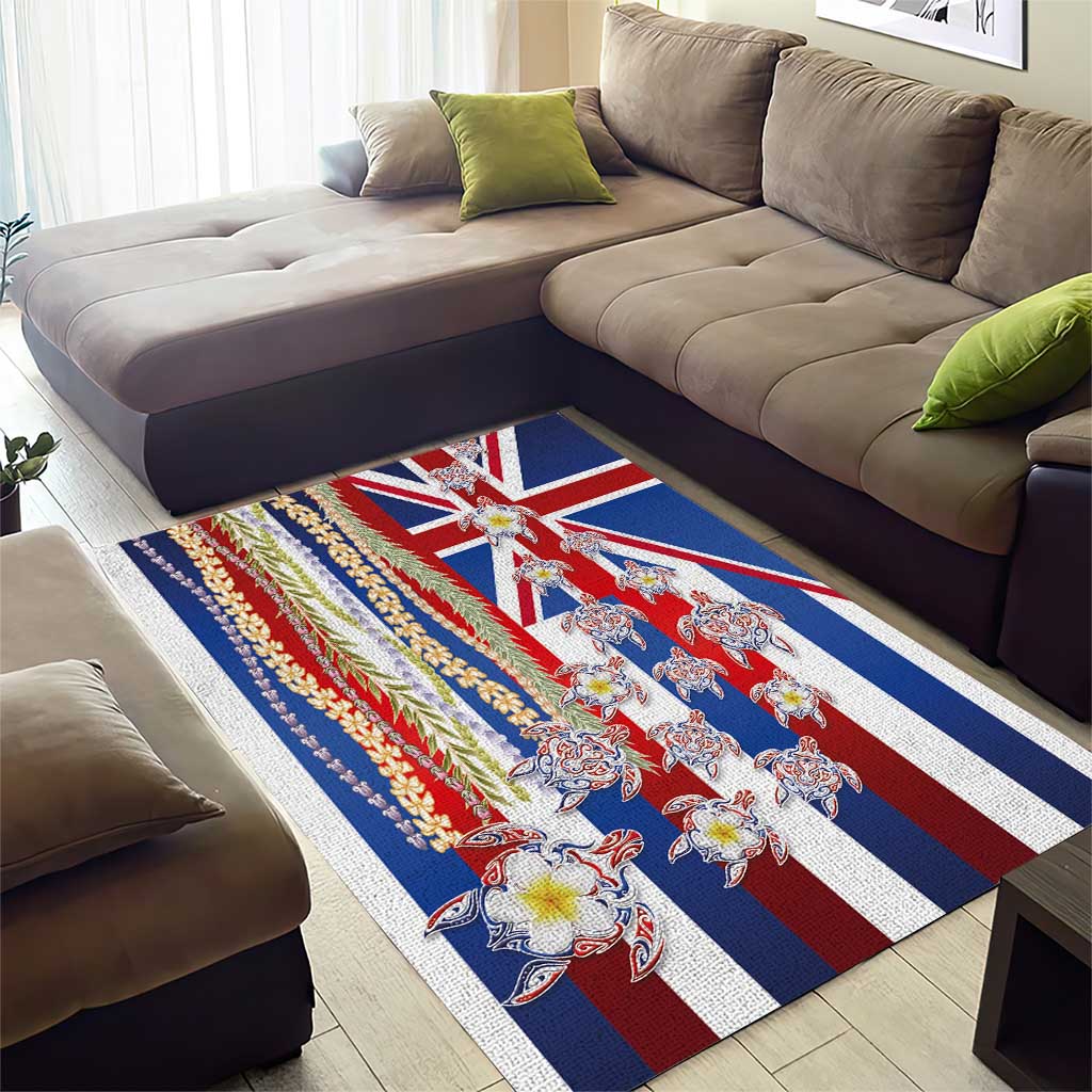 Hawaiian Polynesian Tribal Turtles Area Rug with Lei and Flag Style