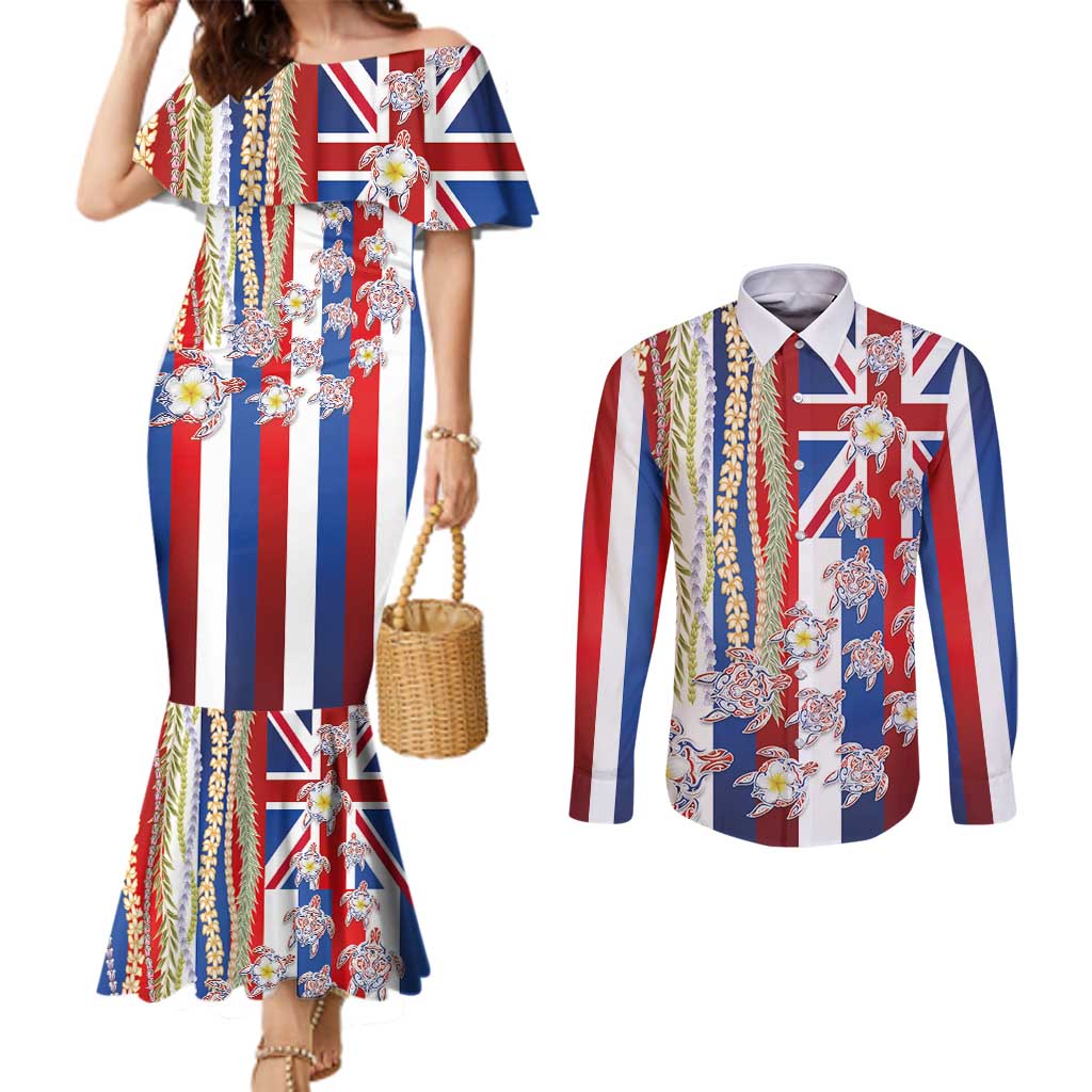 Hawaiian Polynesian Tribal Turtles Couples Matching Mermaid Dress and Long Sleeve Button Shirt with Lei and Flag Style