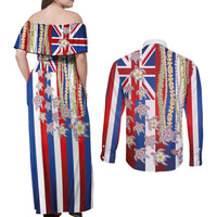 Hawaiian Polynesian Tribal Turtles Couples Matching Off Shoulder Maxi Dress and Long Sleeve Button Shirt with Lei and Flag Style LT03 - Polynesian Pride