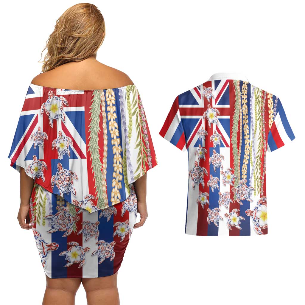 Hawaiian Polynesian Tribal Turtles Couples Matching Off Shoulder Short Dress and Hawaiian Shirt with Lei and Flag Style LT03 - Polynesian Pride