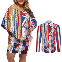 Hawaiian Polynesian Tribal Turtles Couples Matching Off Shoulder Short Dress and Long Sleeve Button Shirt with Lei and Flag Style LT03 Multicolor - Polynesian Pride