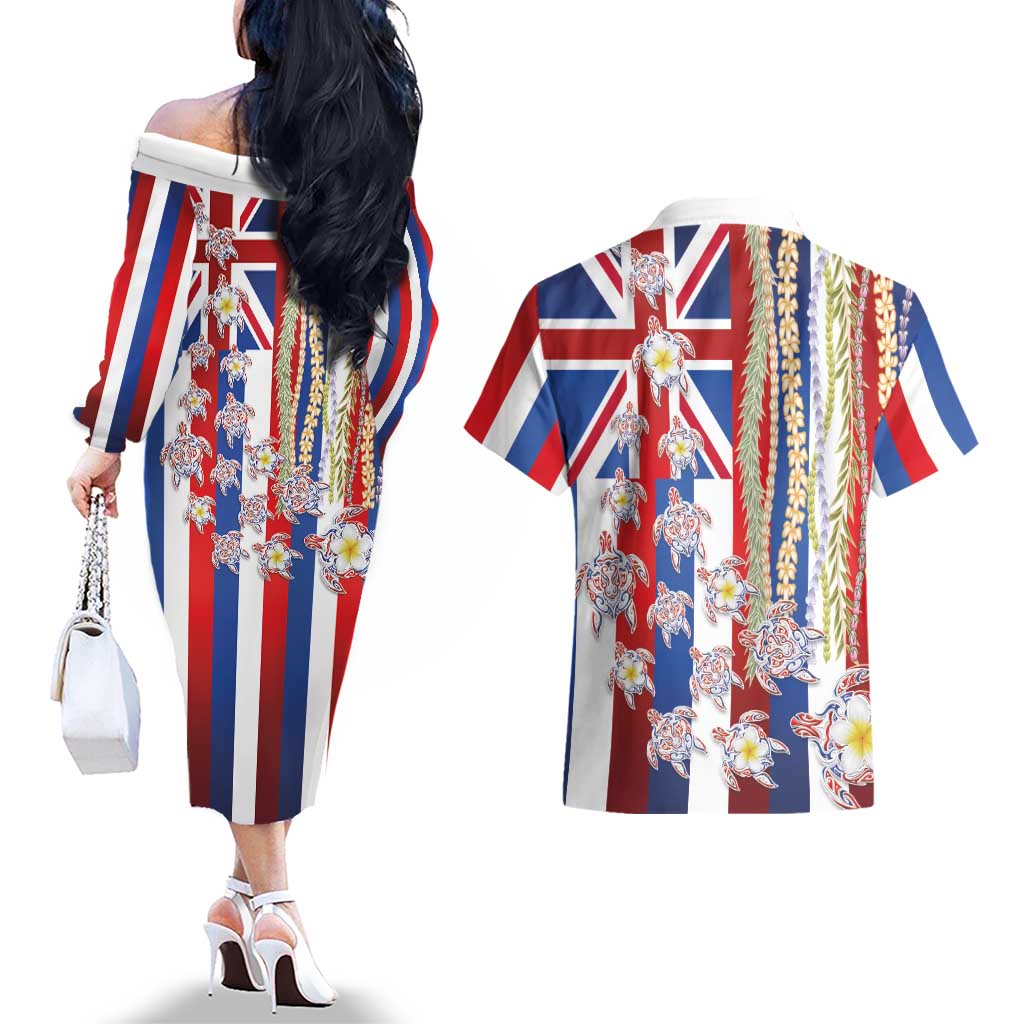Hawaiian Polynesian Tribal Turtles Couples Matching Off The Shoulder Long Sleeve Dress and Hawaiian Shirt with Lei and Flag Style LT03 - Polynesian Pride